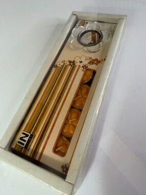 Vintage 1970s Striped Floral Gift Set with Yellow Candles and holders